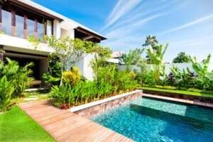 modern garden with a swimming pool and fancy plant